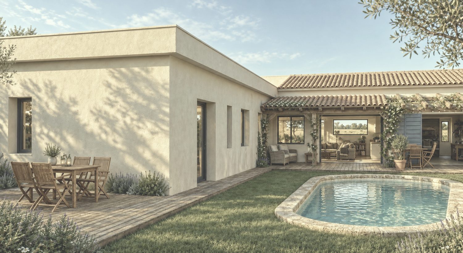 Infografía del jardín con piscina de la vivienda de Fuentidueña de Tajo
