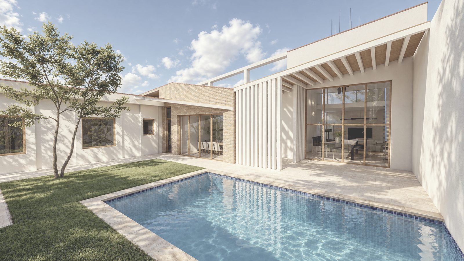 Infografía de la vivienda de Tomelloso: patio interior ajardinado con piscina, rodeado por los cuerpos blancos de la vivienda